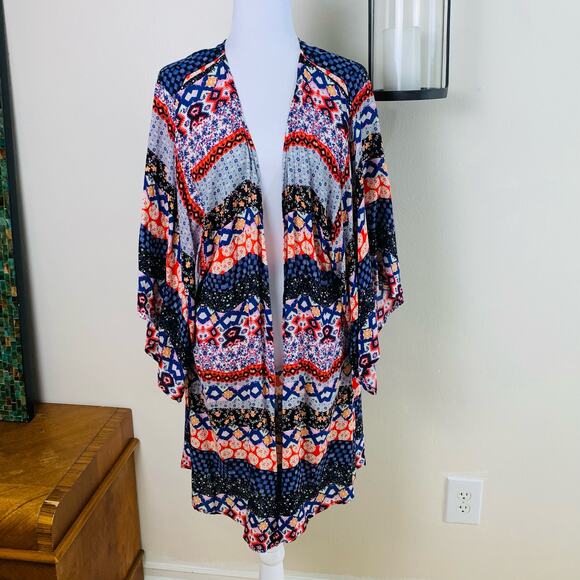 PaoLino Size L Geometric Print Kimono Cardigan Open Front Cover Up Boho - Picture 2 of 9